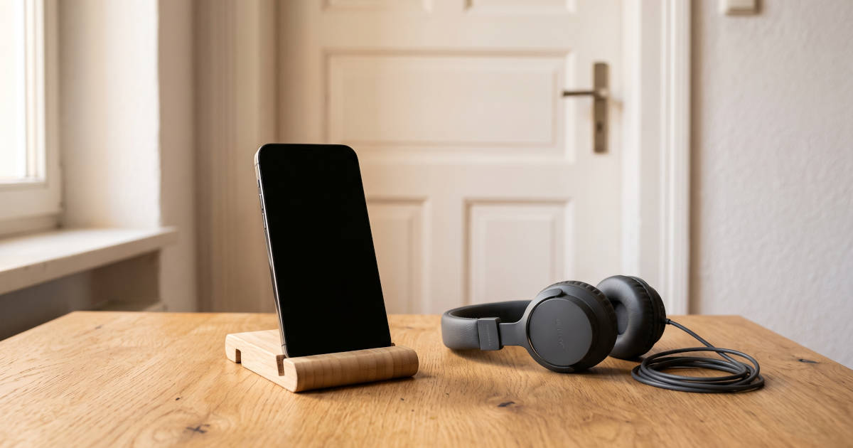 Celular apoiado em um suporte sobre a mesa, fone de ouvido ao lado e porta fechada ao fundo